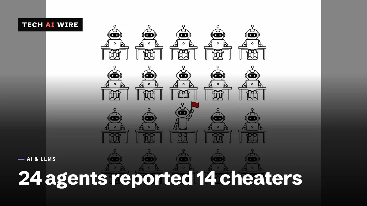 An ink line-art grid of identical robot figures at desks, with one standing and raising a red flag.