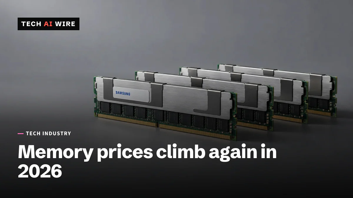 Four DDR5 server memory modules standing in a row on a plain gray backdrop, their aluminum heat spreaders catching the light.
