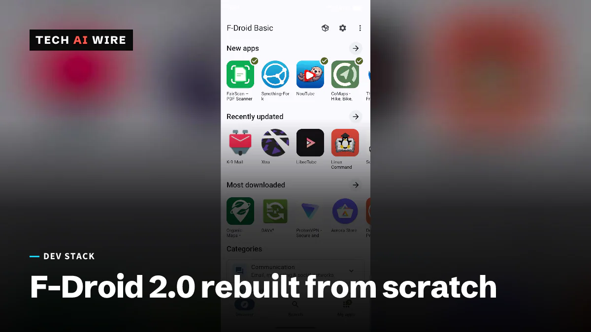 The redesigned F-Droid Basic Discover screen, with rows of new, recently updated and most downloaded apps above the Discover, Search and My apps tabs.
