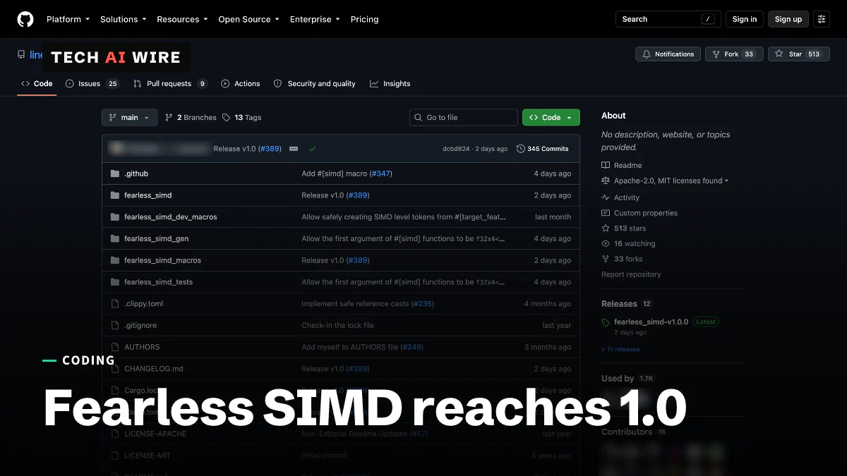 El repositorio linebender/fearless_simd en GitHub, que muestra la versión fearless_simd-v1.0.0 como la más reciente.