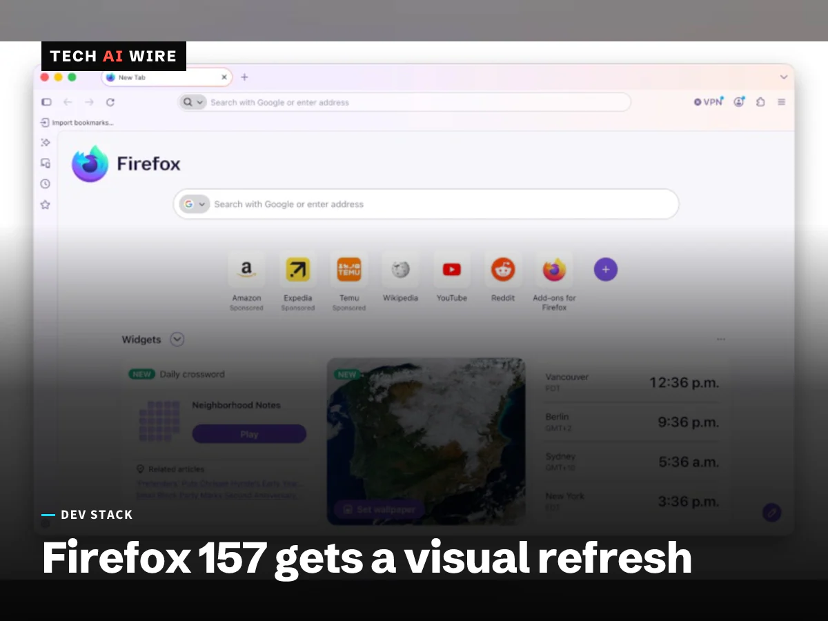 Mozilla's screenshot of the redesigned Firefox new tab page, with rounded tabs, a search box, shortcut tiles and clock, wallpaper and crossword widgets.