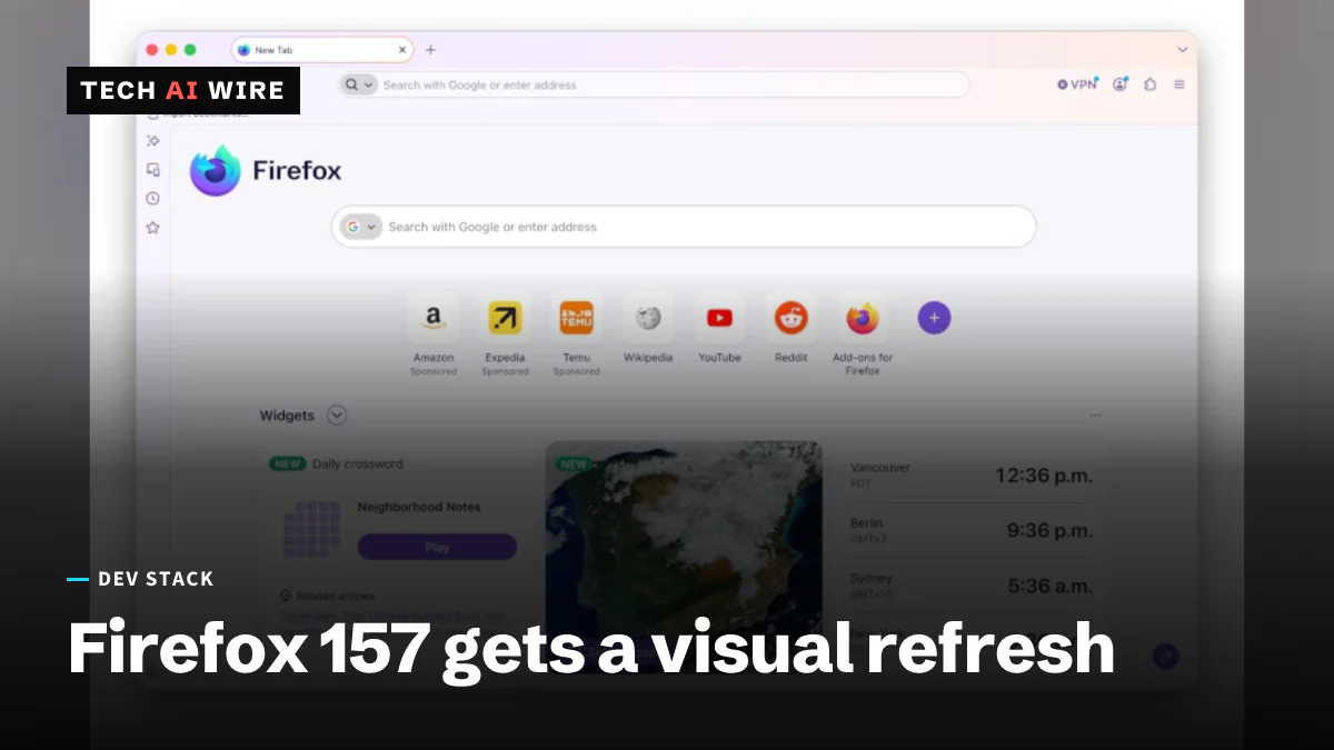 Mozilla's screenshot of the redesigned Firefox new tab page, with rounded tabs, a search box, shortcut tiles and clock, wallpaper and crossword widgets.