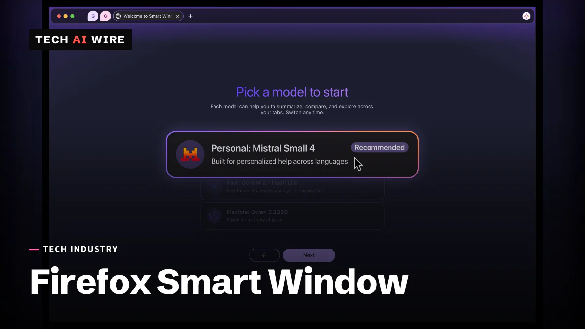 Mozilla's screenshot of the Firefox Smart Window model picker, with Mistral Small 4 marked Recommended above Gemini and Qwen options.