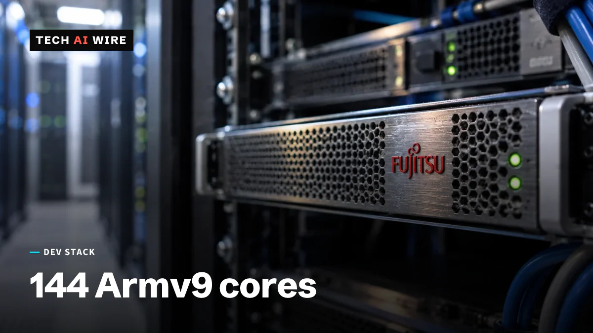 A 1U rack-mount server seen close up in a data center rack, with the red Fujitsu logo on its bezel.