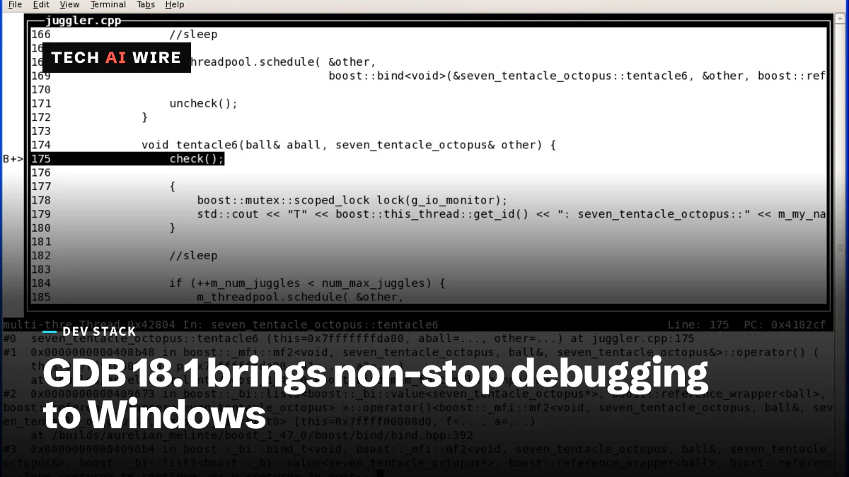 A screenshot of GDB's text interface paused at a breakpoint in a multithreaded C++ file, with a stack backtrace below the source view.