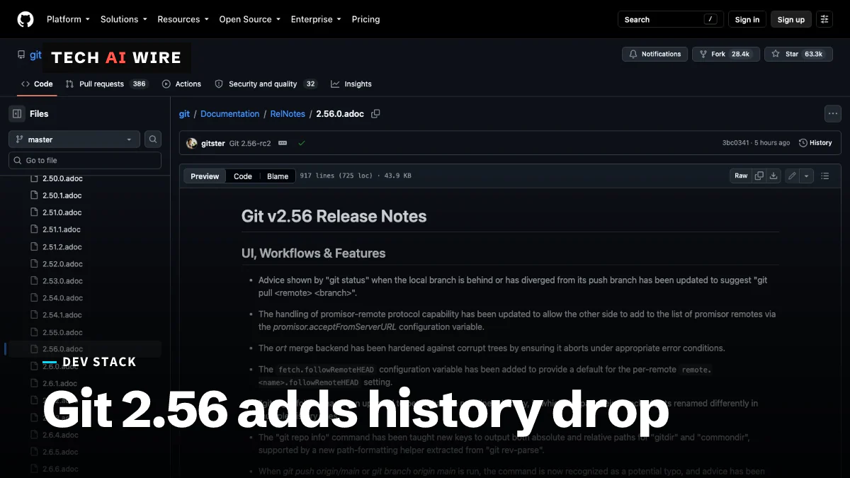 The Git v2.56 release notes on GitHub, open at the UI, Workflows and Features section listing the new fetch.followRemoteHEAD setting and the git repo info path keys.