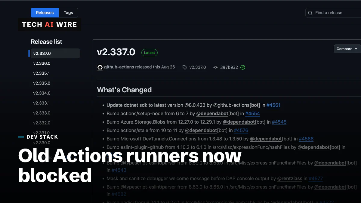 La página de versiones de actions/runner en GitHub, con v2.337.0 marcada como la versión más reciente y versiones anteriores hasta v2.330.0 listadas al lado.