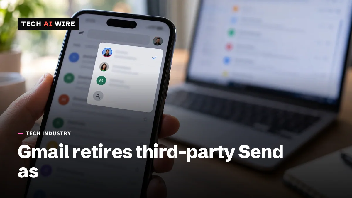 A hand holding a phone showing the Gmail app's account switcher, with a laptop blurred in the background.