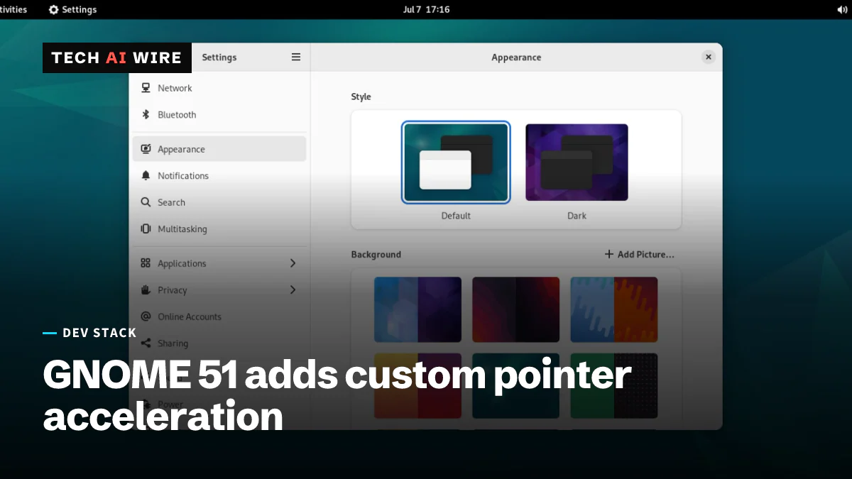 The GNOME Settings app open on its Appearance panel, with the settings sidebar listing Network, Bluetooth, Notifications and other sections.