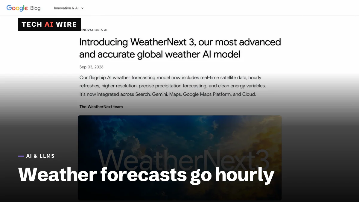Google's announcement page for WeatherNext 3, showing the model's name over a sky photo.