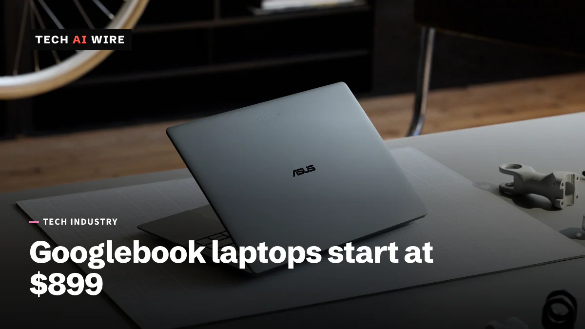 An ASUS Googlebook 14 sitting half open on a desk, the ASUS logo centered on its closed grey lid.