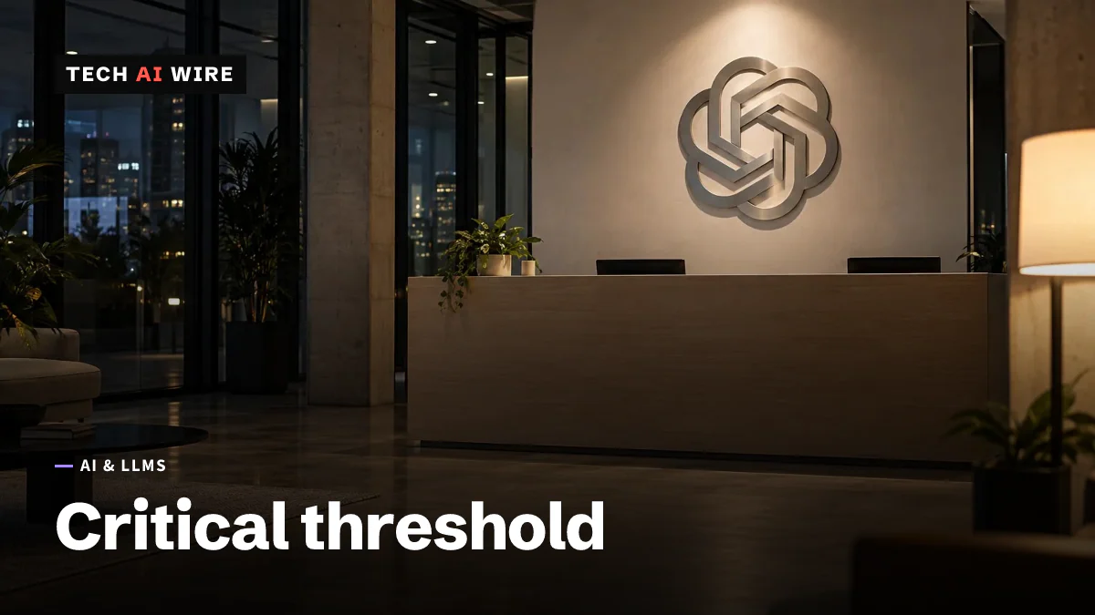 An empty office reception area at night, with the OpenAI knot mark in brushed steel on the wall behind the desk.
