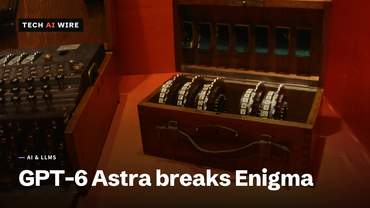 An Enigma cipher machine on display beside an open wooden case holding a set of spare rotors, lit red inside a museum cabinet.