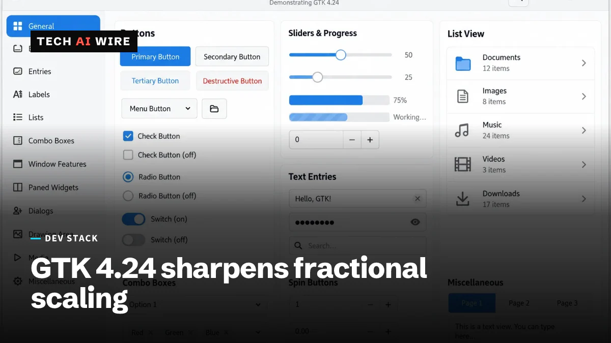 A GTK-style application window showing buttons, sliders, list rows and text entries in a widget demonstration layout.