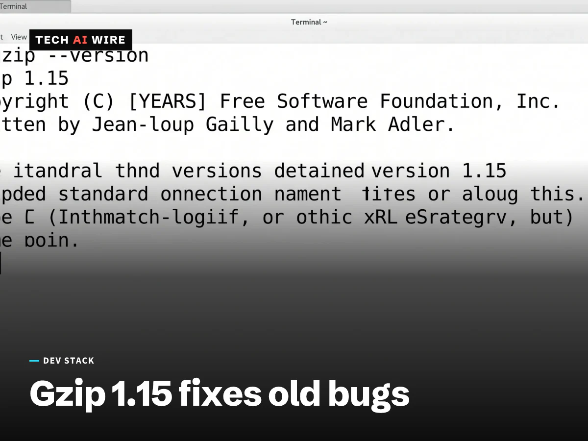 A terminal window on a Linux desktop showing the gzip --version command, with gzip 1.15 on the line below it.