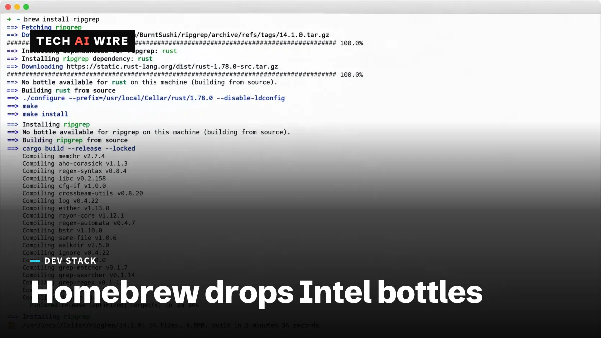 A macOS terminal running a Homebrew install that falls back to building from source, with compiler output filling the window.