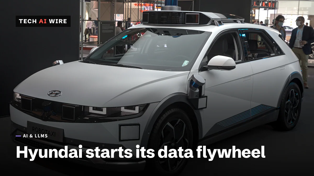 A Hyundai Ioniq 5 robotaxi with a roof-mounted sensor rack and lidar unit, on display at a motor show.