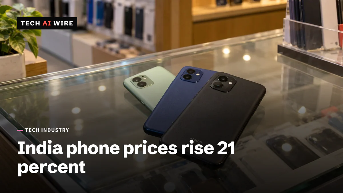 Three budget Android smartphones lying face down on a glass retail counter, their camera modules and plastic backs catching warm shop light.