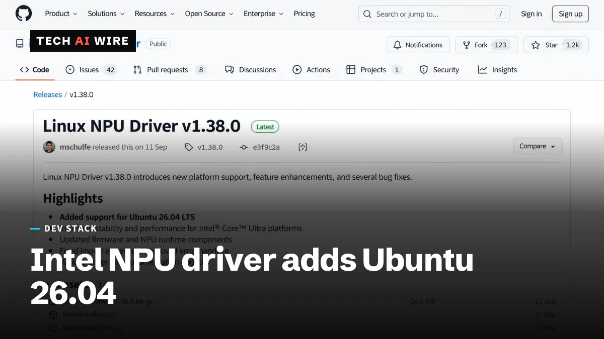 An illustrated rendering of a code-hosting release page for the Linux NPU Driver v1.38.0, listing Ubuntu 26.04 LTS support among its highlights.