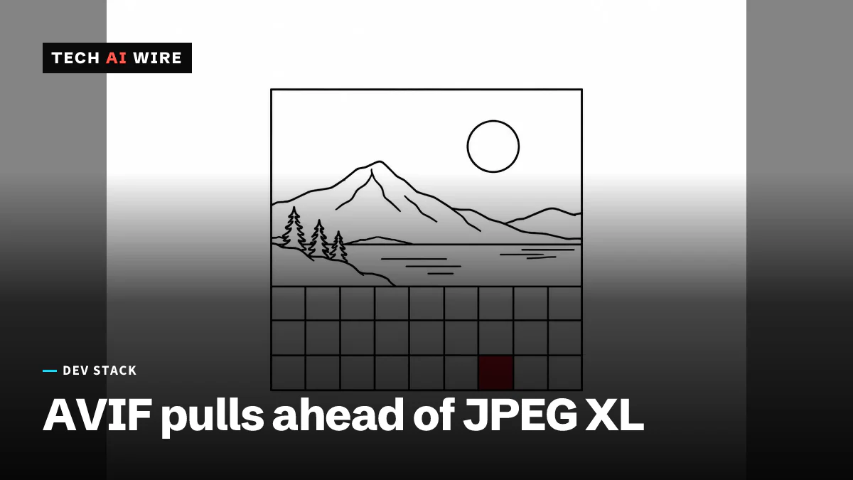 An ink line-art square photograph of a mountain lake, its lower third still a coarse grid of pixels with one block filled red.