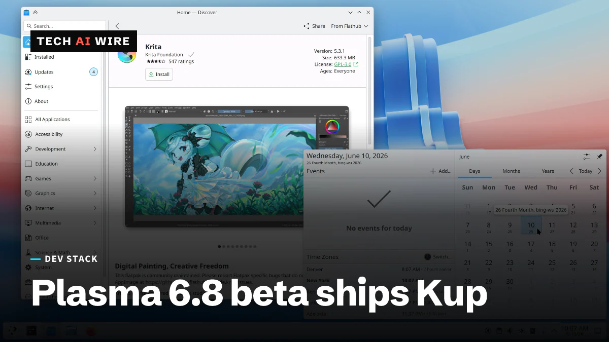 A KDE Plasma desktop with the Discover software centre open on Krita's listing, a calendar widget showing June 2026, and a taskbar along the bottom.