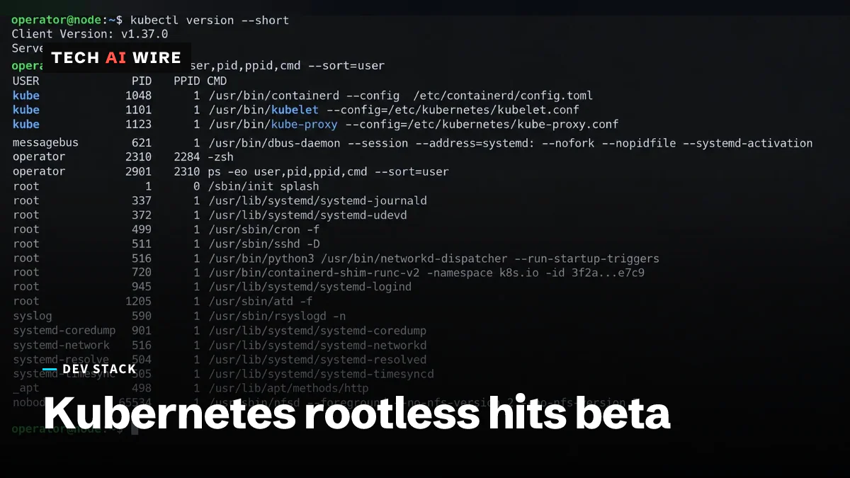 A process listing on a Kubernetes v1.37 node, showing containerd, kubelet and kube-proxy owned by the kube user while the systemd services still run as root.