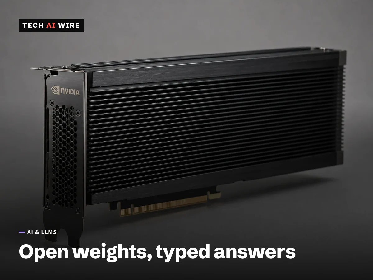 A passively cooled data-center graphics card carrying an NVIDIA wordmark on its end plate, standing on a plain gray studio backdrop.