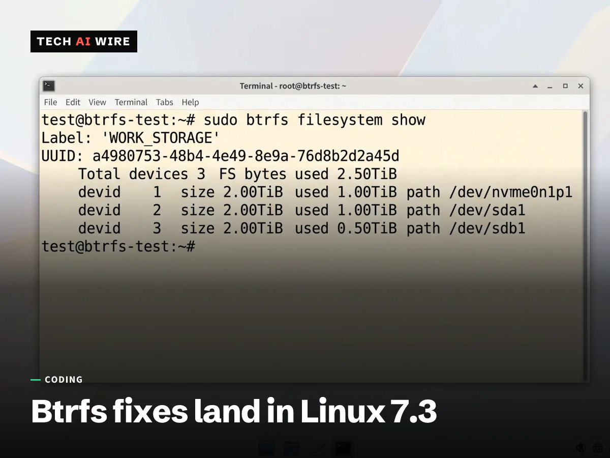 A terminal window on a Linux desktop showing btrfs filesystem show output, with a volume label, a UUID and three member devices.