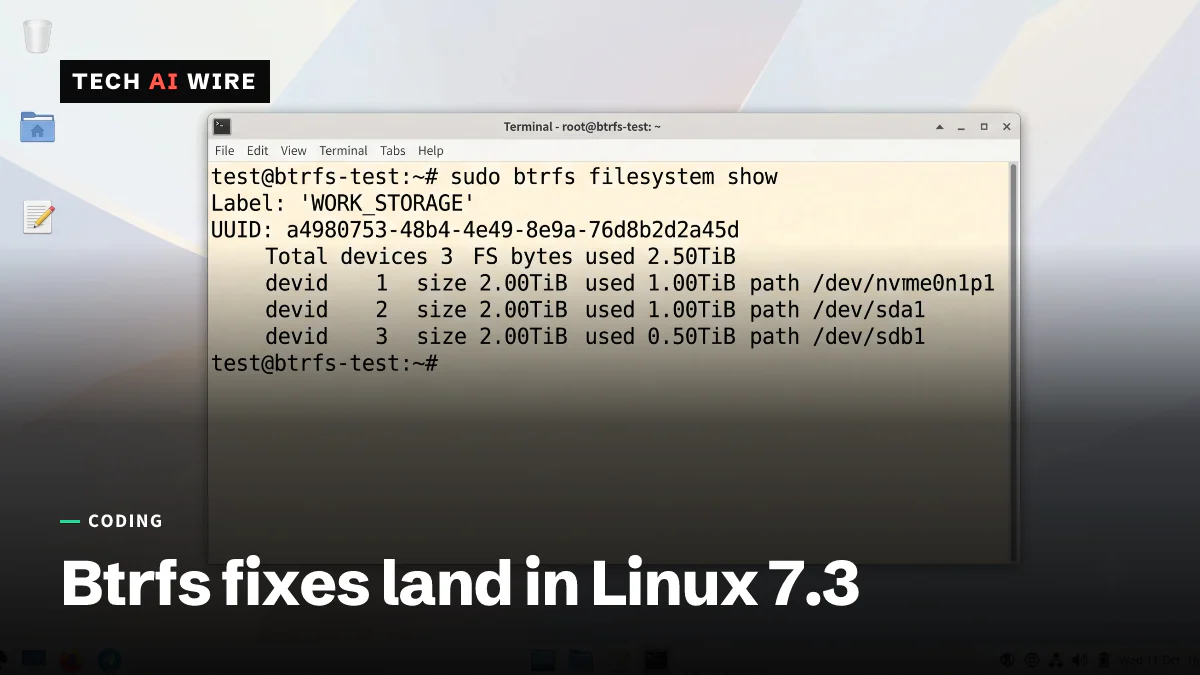 A terminal window on a Linux desktop showing btrfs filesystem show output, with a volume label, a UUID and three member devices.