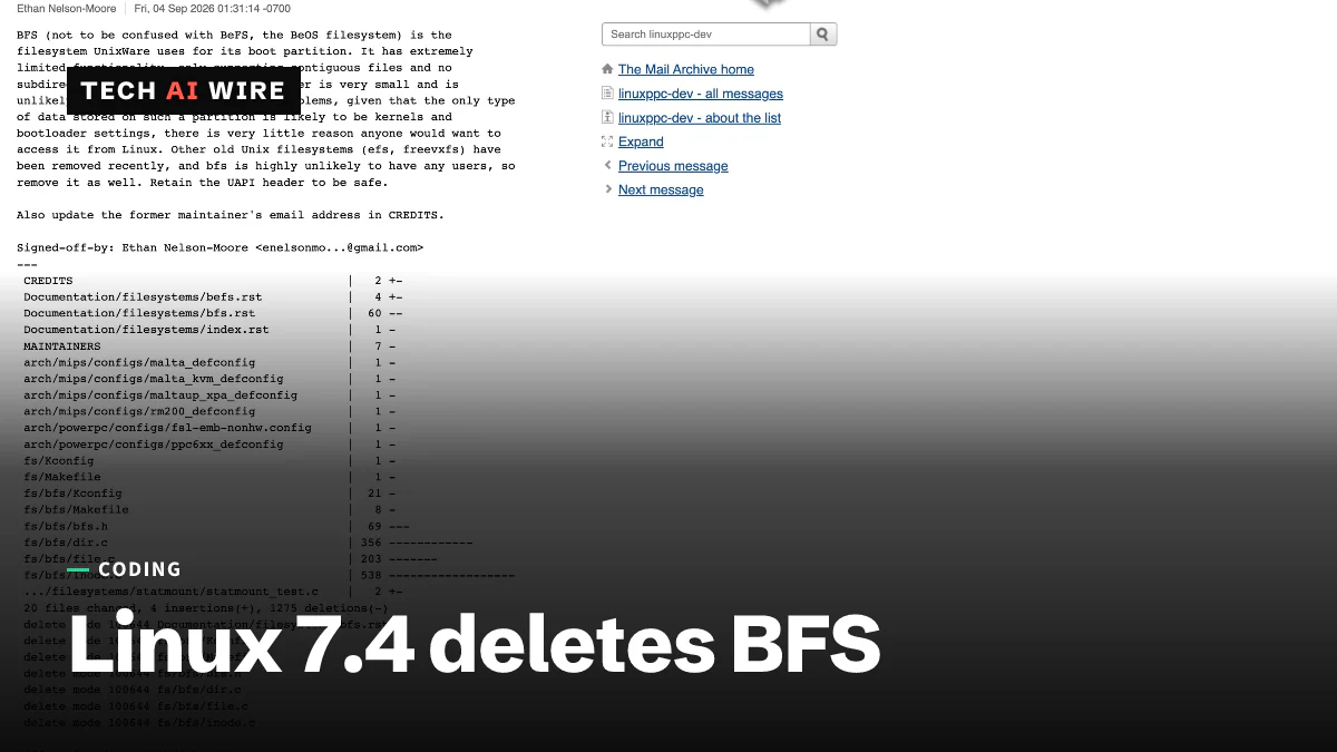 The linuxppc-dev archive page for the bfs removal patch, showing its rationale and a diffstat listing the deleted kernel files.