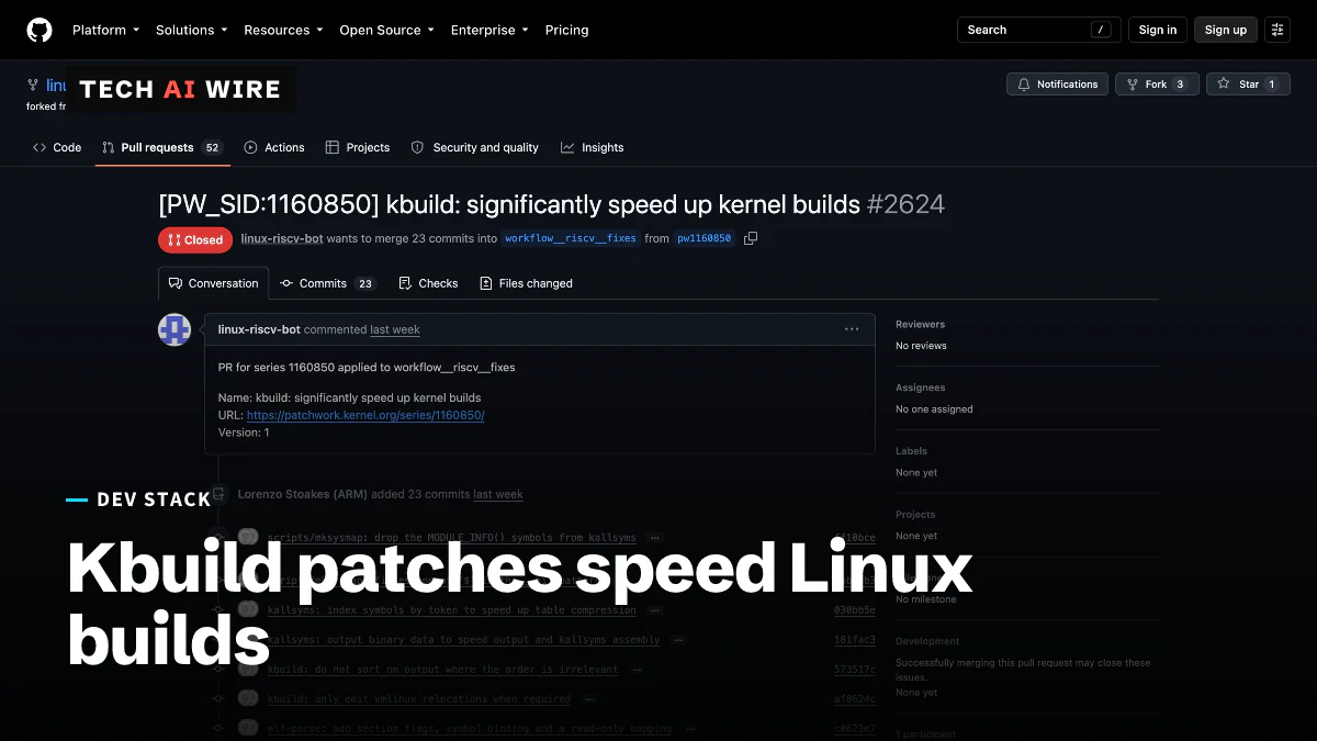 The GitHub mirror of the kbuild patch series, showing its subject line and the 23 commits Lorenzo Stoakes posted.