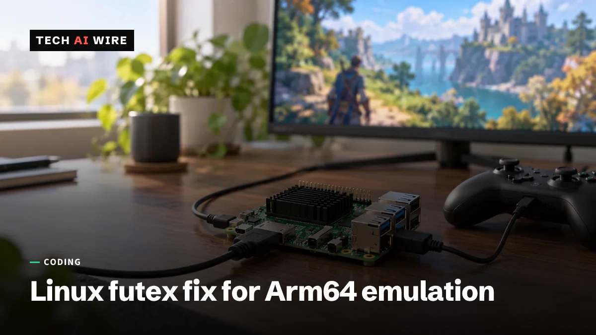 An Arm64 single-board computer wired to a monitor and a game controller on a desk, the monitor showing an out-of-focus 3D game scene.
