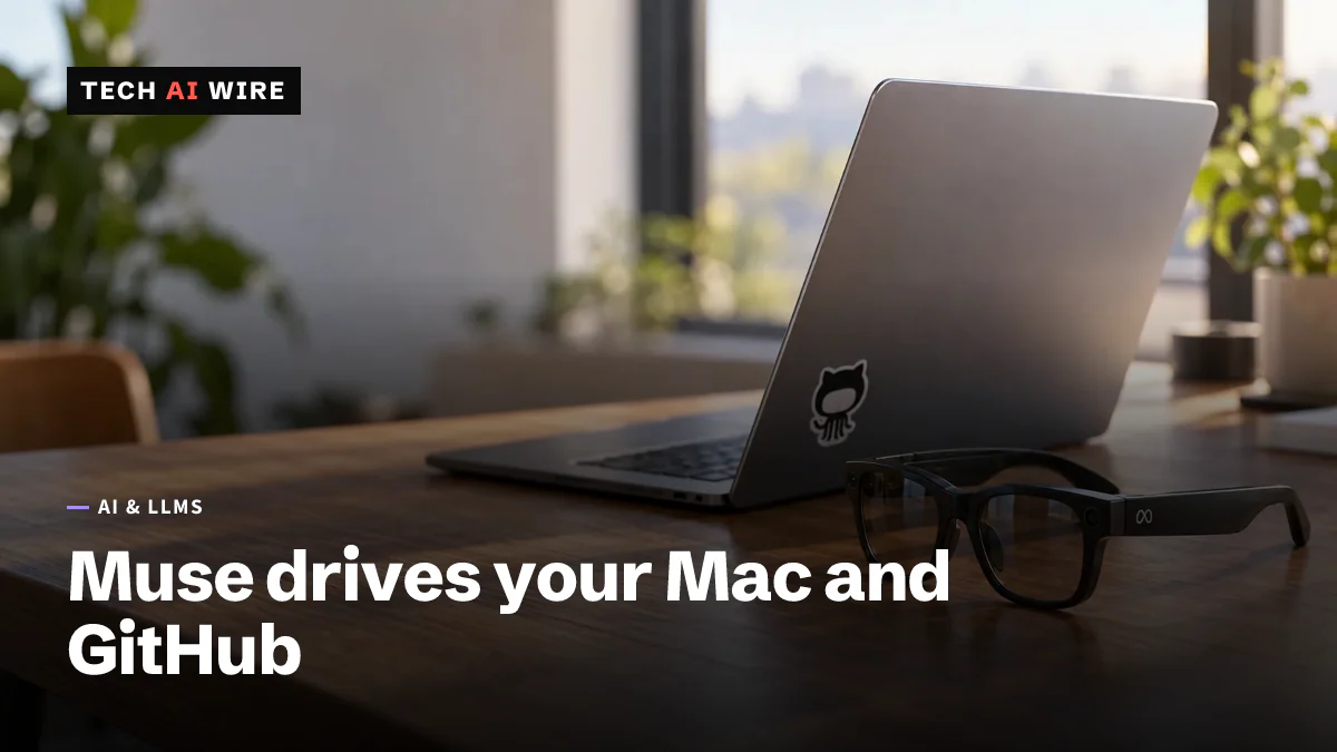 An open laptop with a GitHub Octocat sticker on its lid sits on a wooden desk beside a pair of black smart glasses with Meta's logo on the temple.