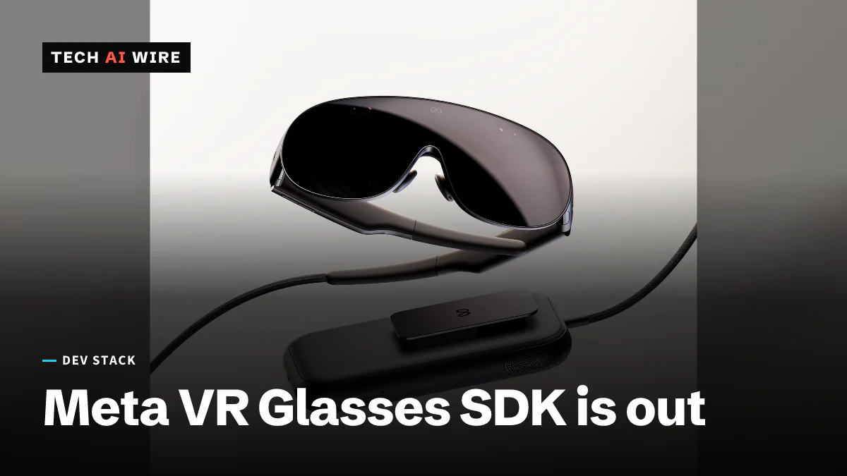 Meta VR Glasses。前面にMetaのロゴが入った黒いバイザー型のメガネで、その下には編み込みケーブルでつながったポケットサイズのコンピュートパックがある。