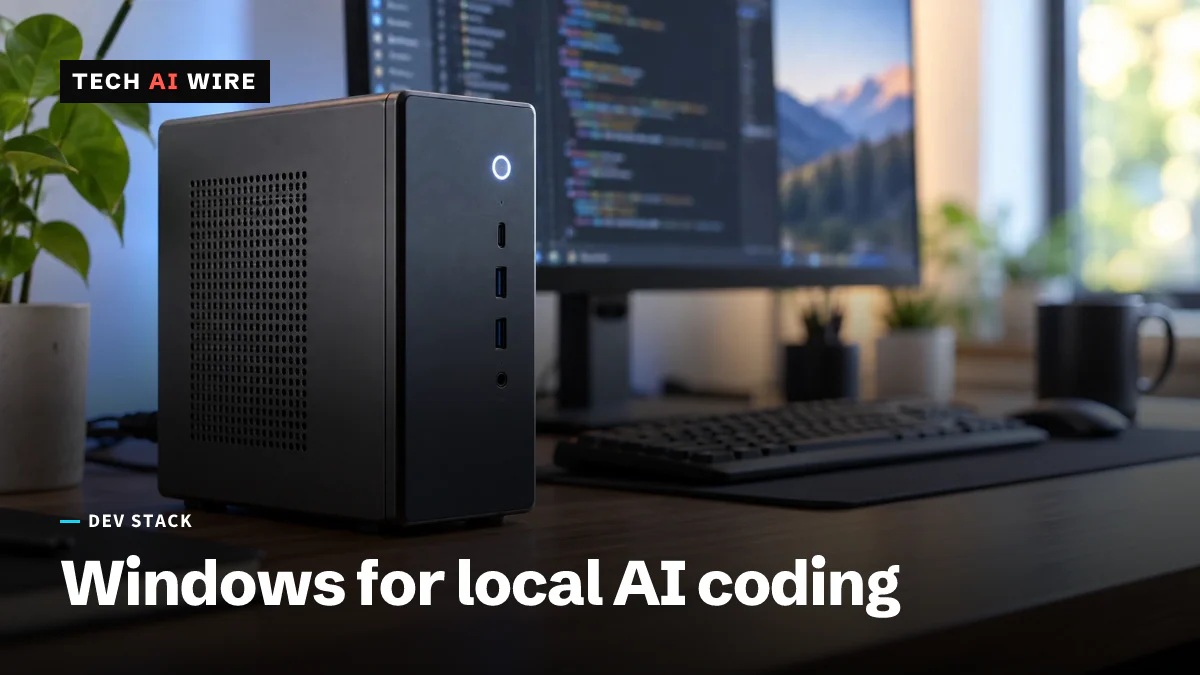 A compact mini desktop PC on a developer's desk with a code editor glowing on a monitor behind it.