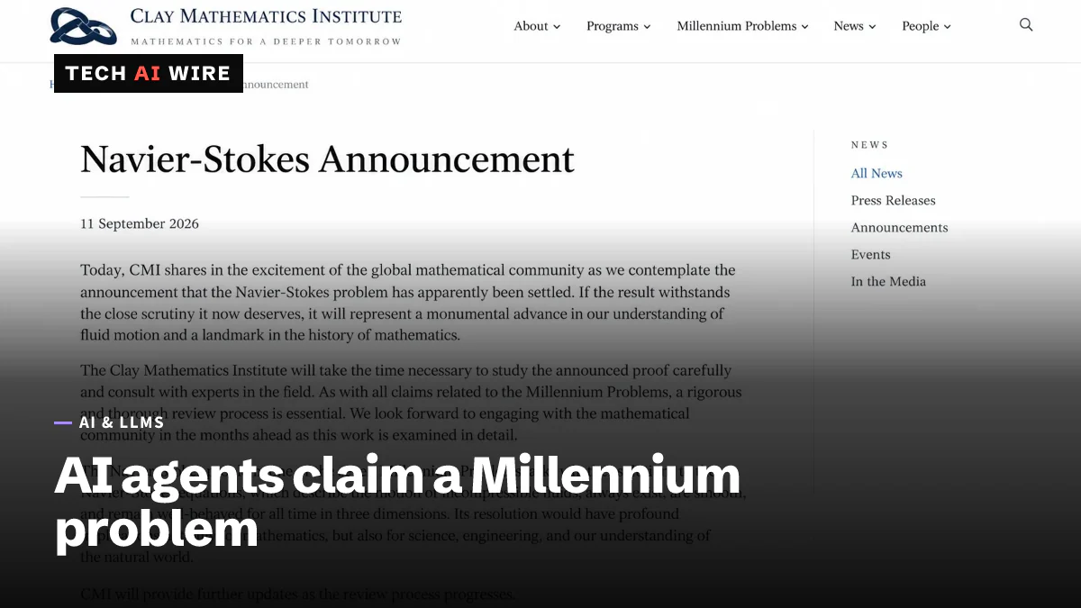 An illustrated rendering of a mathematics institute news page headed Navier-Stokes Announcement, set in a serif typeface.