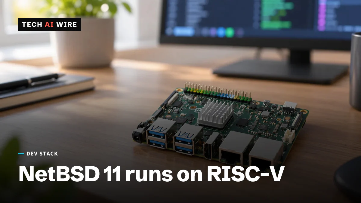 A single-board computer with a heatsink over its processor and rows of USB and Ethernet ports, on a wooden desk in front of an out-of-focus monitor showing code.