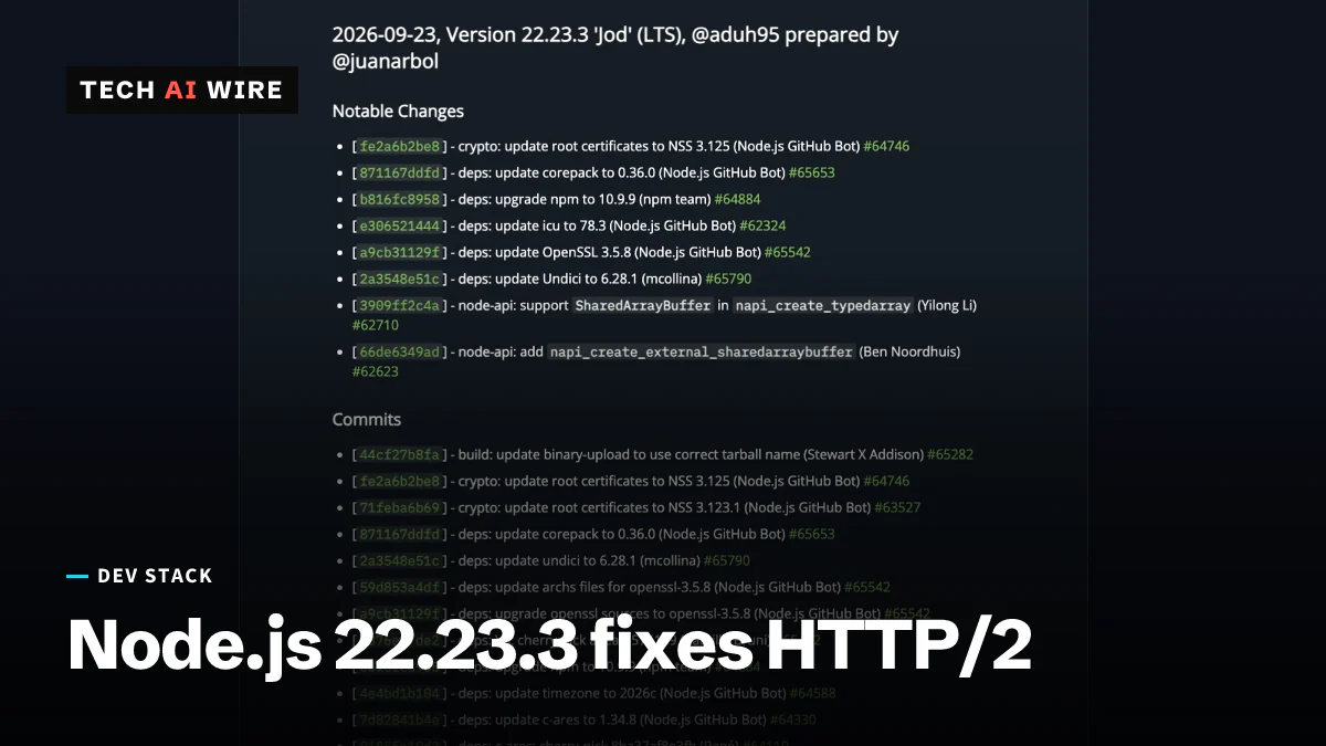 The Notable Changes list from the Node.js 22.23.3 release notes, including the OpenSSL 3.5.8 update and the two Node-API changes.