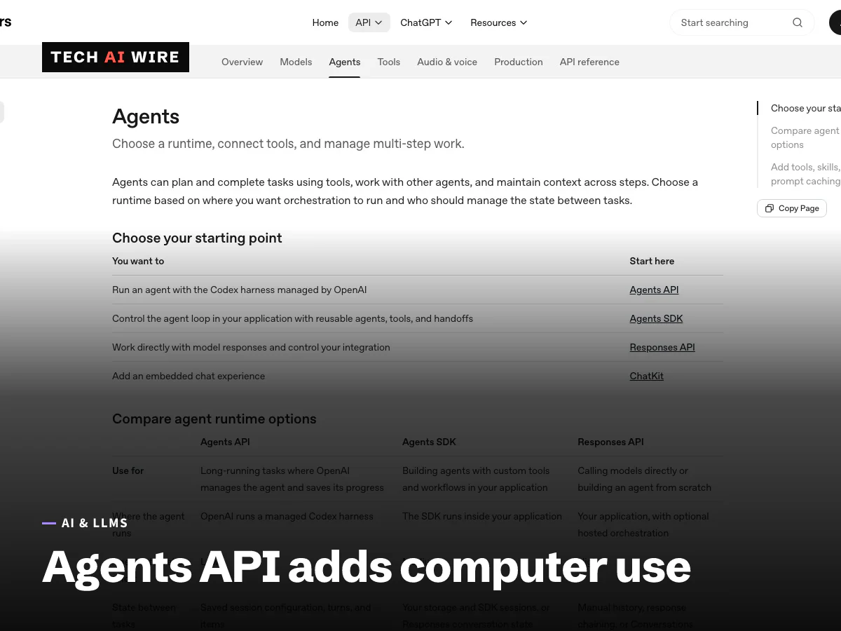 OpenAI's Agents documentation page, with a table comparing the Agents API, the Agents SDK and the Responses API as starting points for building agents.