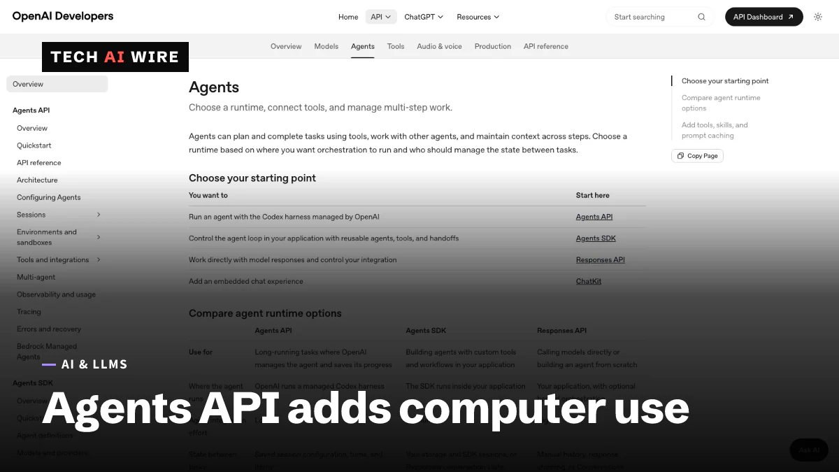 OpenAI's Agents documentation page, with a table comparing the Agents API, the Agents SDK and the Responses API as starting points for building agents.