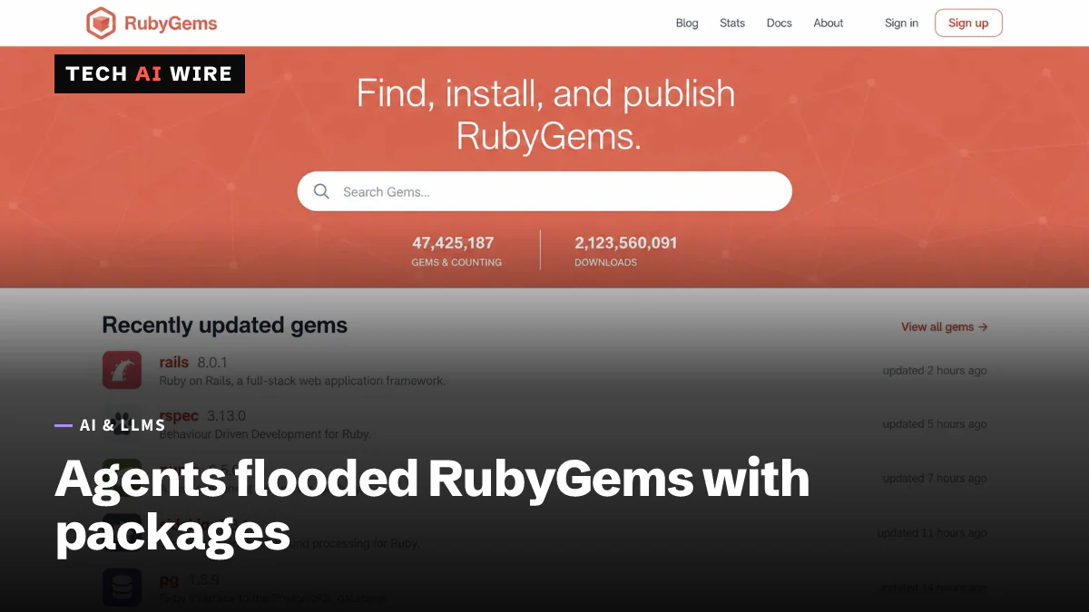 An illustrated rendering of a package registry home page in red and white, with a search field above a list of recently updated Ruby packages.