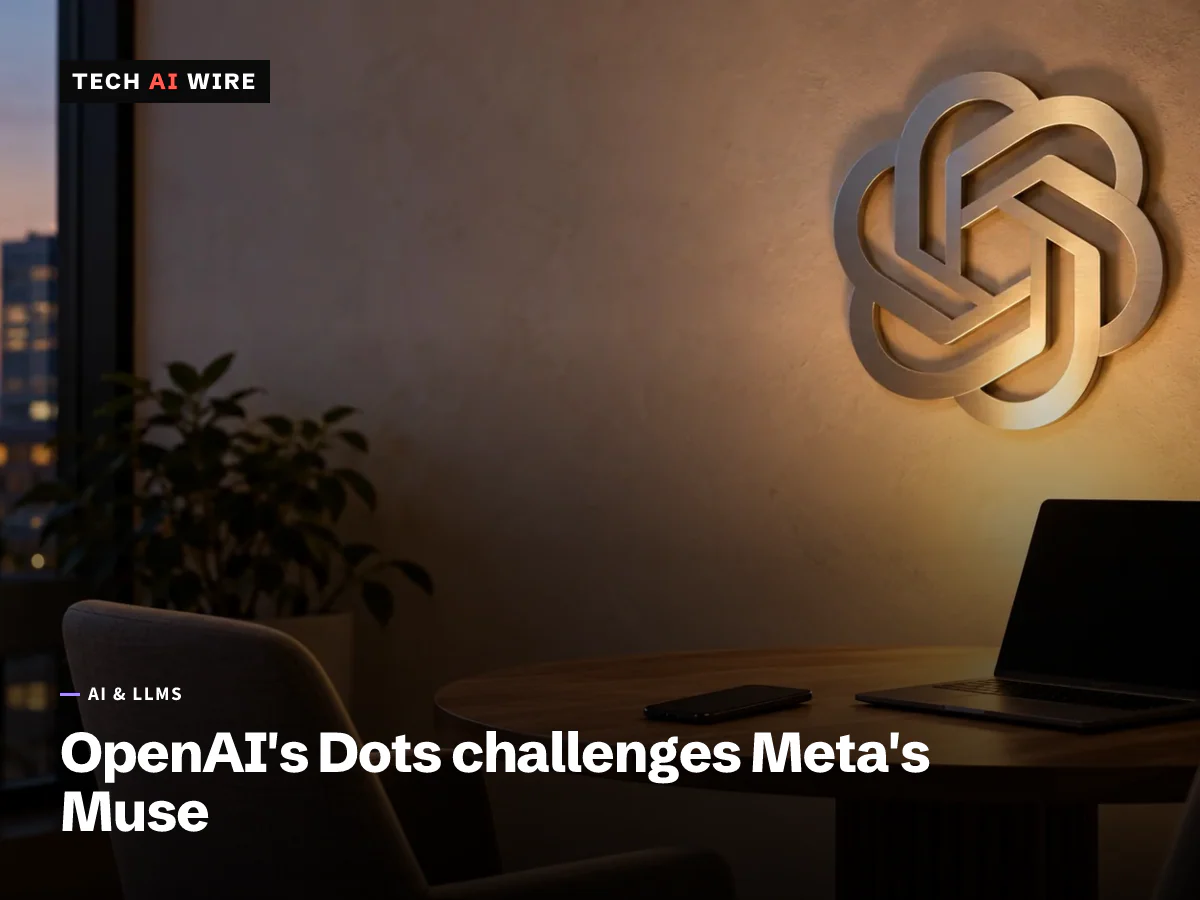 A quiet office corner at dusk with a phone and a laptop, both screens dark, on a round table beneath a brushed-steel OpenAI knot mark on the wall.