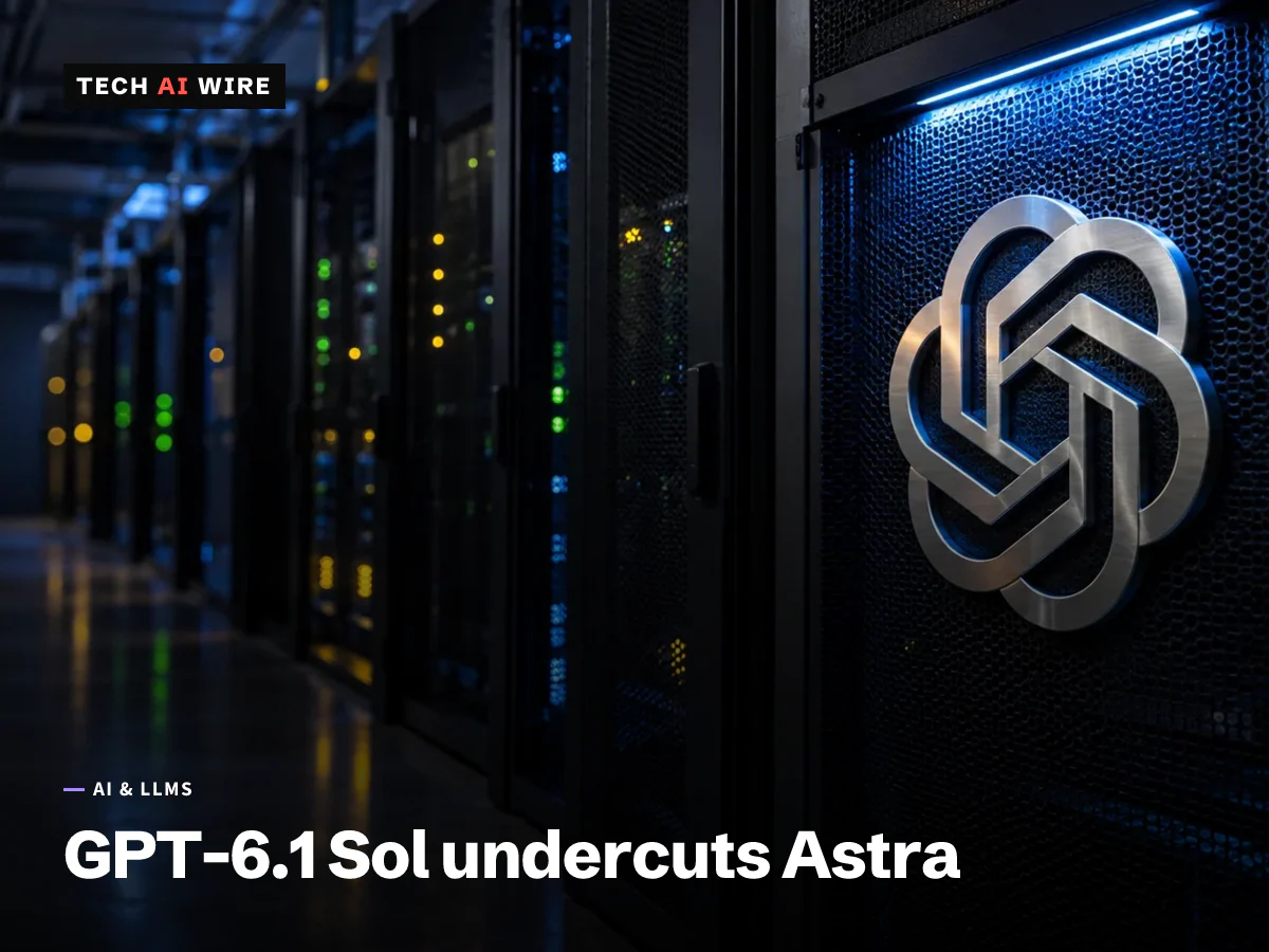 A dim data-center aisle at night with a brushed-steel OpenAI knot mark on a lit server rack door.