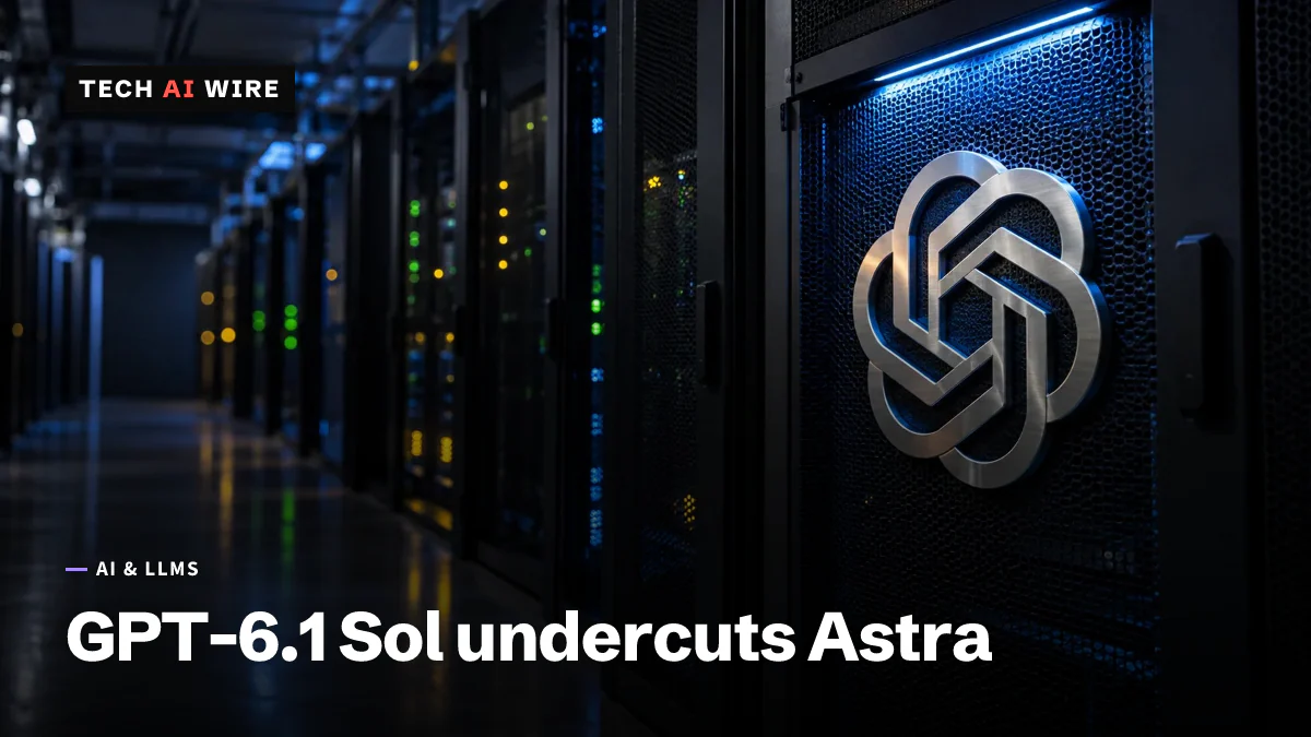 A dim data-center aisle at night with a brushed-steel OpenAI knot mark on a lit server rack door.