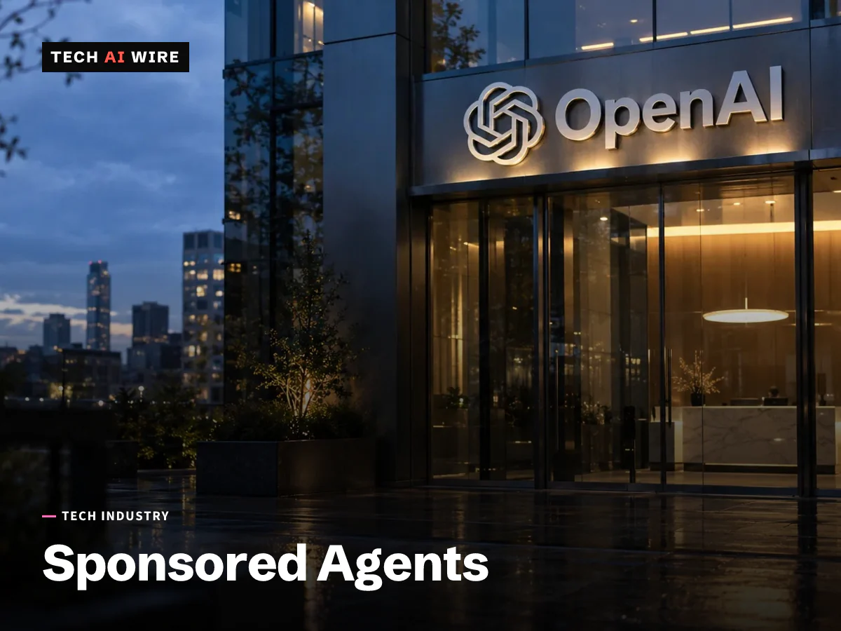 A glass office lobby at dusk with the OpenAI wordmark in lit brushed steel above the door.