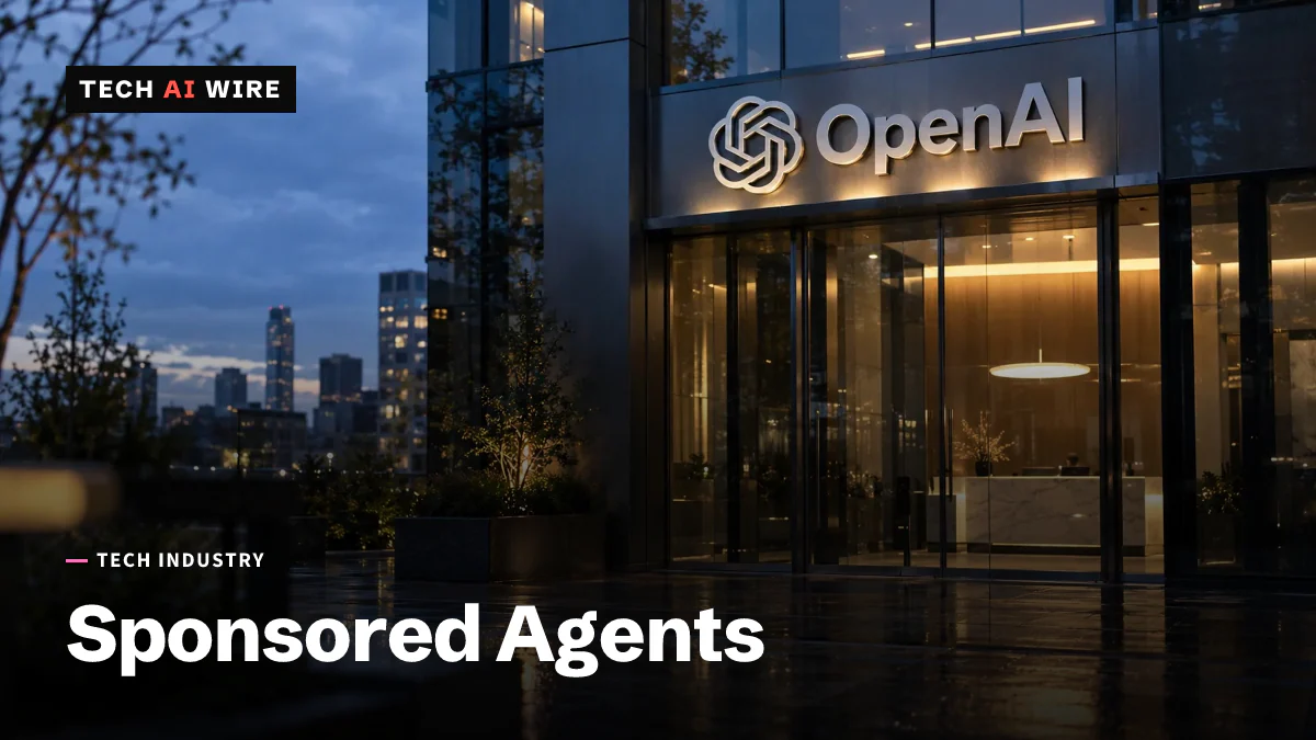 A glass office lobby at dusk with the OpenAI wordmark in lit brushed steel above the door.
