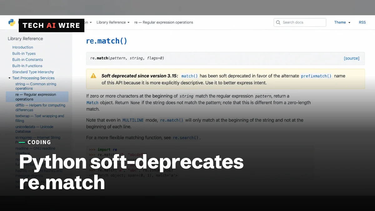 The Python 3.15 documentation page for the re module, showing the soft-deprecation note attached to re.match().