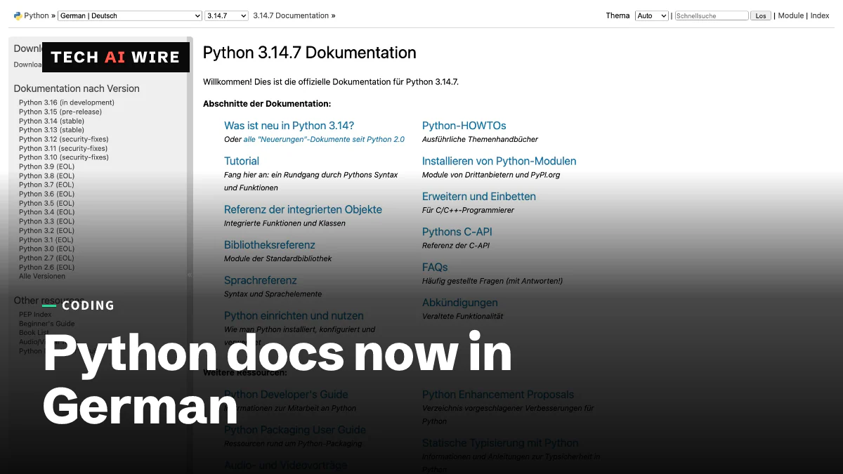 The German start page of the Python documentation at docs.python.org, headed Python 3.14.7 Dokumentation, with a version list down the left side.