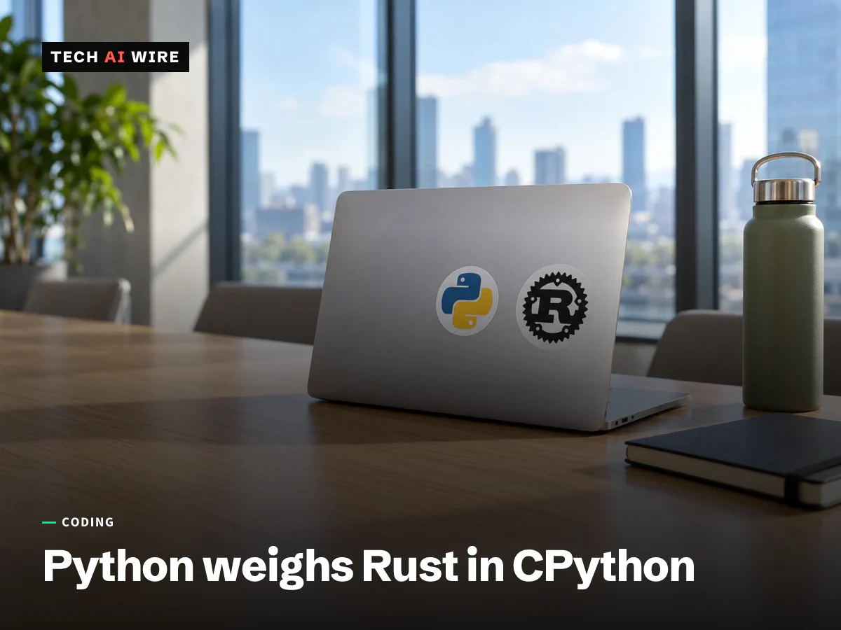An open silver laptop on a conference table, its lid carrying a Python logo sticker and a Rust logo sticker side by side, with a city skyline through tall windows behind it.