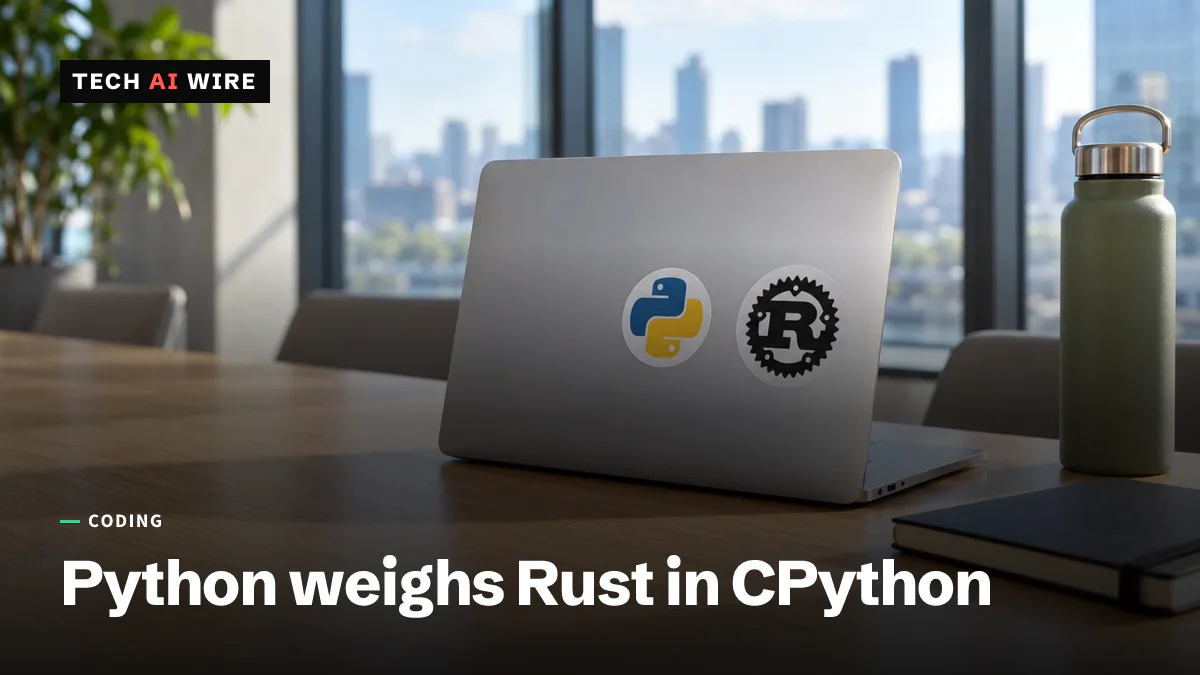 An open silver laptop on a conference table, its lid carrying a Python logo sticker and a Rust logo sticker side by side, with a city skyline through tall windows behind it.